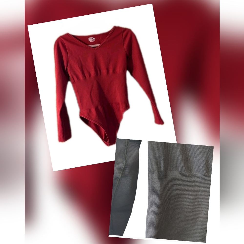 MRIGNT LS Bodysuits Red/Slate V Neck w/Ribbed Seamless Design Sz L-2 Piece Set